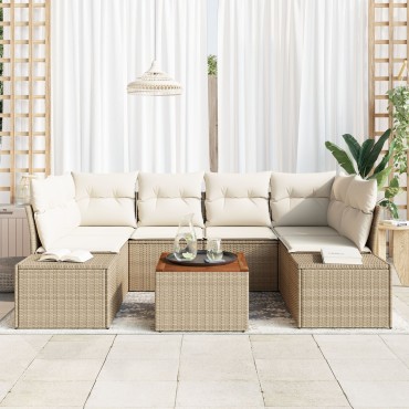 vidaXL Set Καναπέ Κήπου 7 Τεμαχίων με Μαξιλάρια Μπεζ Πολυ-Ρατάν Ακακίας