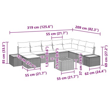 vidaXL Σετ 9 Κομματιών Καναπέ Κήπου με Μαξιλάρια Μπεζ Πολυ Ρατάν