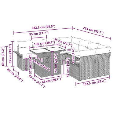 vidaXL Σετ Καναπέ 9 Τεμαχίων Με Μαξιλάρια Μπεζ Πολυ Ρατάν