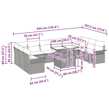 vidaXL 11 κομμάτια σετ καναπέ κήπου με μαξιλάρια Μαύρο Συνθετικό Ρατάν