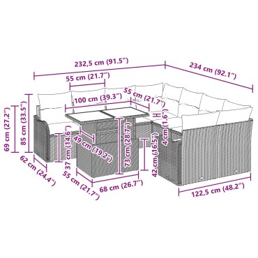vidaXL Σετ Καναπέ Κήπου 9 Τεμαχίων με Μαξιλάρια Ανοιχτό Γκρι Πολυ Ρατάν