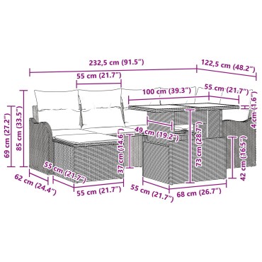 vidaXL Σετ Καναπέ Κήπου 7 Τεμαχίων Με Μαξιλάρια Καφέ Πολυ Ρατάν