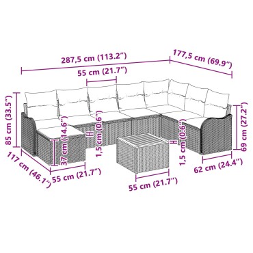 vidaXL Σετ Καναπέ Κήπου 9 Τεμαχίων Με Μαξιλάρια Μπεζ Πολυ Ρατάν Ακακίας