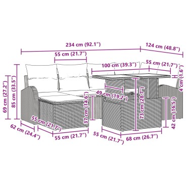 vidaXL Σετ Σοφών Κήπου 7 Τεμαχίων με Μαξιλάρια Καφέ Πολυ Ρατάν