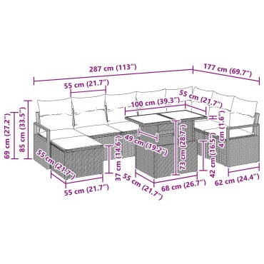 vidaXL Σετ Καναπέ Κήπου 9 Τεμαχίων Με Μαξιλάρια Ανοιχτό Γκρι Πολυ Ρατάν