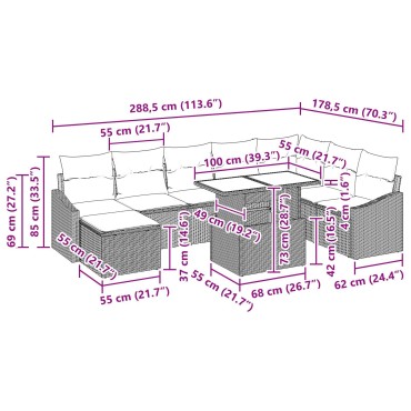 vidaXL 9 Τεμαχίων Σετ Καναπέ Κήπου με Μαξιλάρια Μαύρο Πολυ Ρατάν