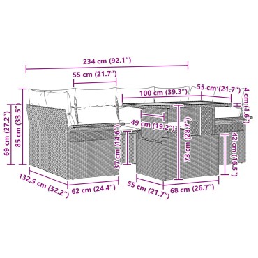 vidaXL Σετ κήπου 7 κομματιών με μαξιλάρια Γκρι Poly Rattan Acacia
