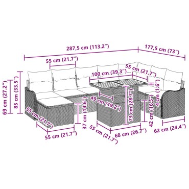 vidaXL 9 Τεμαχίων Σετ Καναπέ Κήπου με Μαξιλάρια Μπεζ Πολυ Ρατάν Ακακία