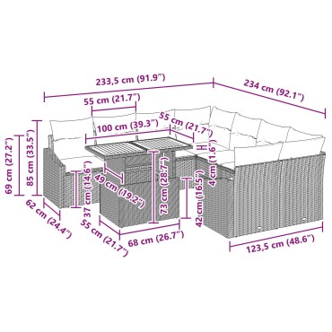 vidaXL Σετ 9 κομματιών Εξωτερικής Τραπέζης Κήπου με Μαξιλάρια Γκρι Ρατάν