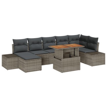 vidaXL Set Φαγητού Κήπου 8 Τεμαχίων με Μαξιλάρια Γκρι Πολυ Ράτανα Ακακία