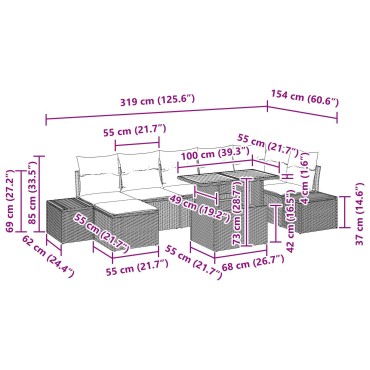 vidaXL Set Φαγητού Κήπου 8 Τεμαχίων με Μαξιλάρια Γκρι Πολυ Ράτανα Ακακία