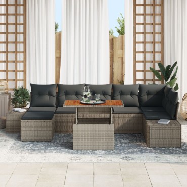 vidaXL Set Φαγητού Κήπου 8 Τεμαχίων με Μαξιλάρια Γκρι Πολυ Ράτανα Ακακία
