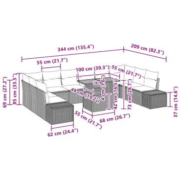 vidaXL Σετ Εξωτερικών Υποδοχών 11 Τεμαχίων με Μαξιλάρια Μαύρο Πολυ Ράτανα Ακακία