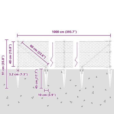 vidaXL Εξαγωνικός Φράκτης Γκρι 0.4x10 m Χάλυβας, Πόλοι Φράχτη vidaXL με Άγκιστρο 7 τμχ 32 mm 60cm Γαλβανισμένος Χάλυβας