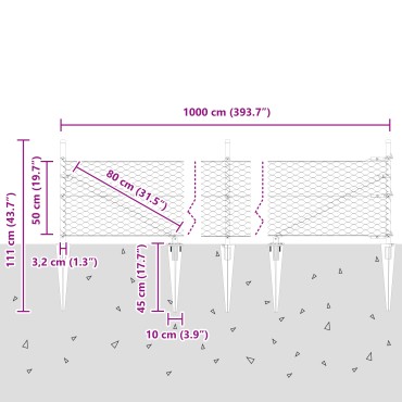 Γκρι Φράχτης vidaXL 0.5x10 μ Χάλυβα, Στηλοβάτες vidaXL με ακίδα 7 τμχ 32 μμ 80cm Γαλβανισμένος Χάλυβας