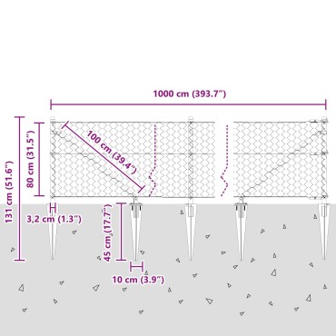 Φράχτης Hexagon vidaXL Γκρι 0.8x10 μ Ατσάλι, Στήλες Φράχτη vidaXL με Χατζιλίκι 7 τεμ 32 χιλ. 100cm Γαλβανισμένο Ατσάλι
