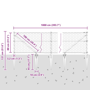 Φράχτης Hexagon vidaXL Γκρι 0.8x10 μ Ατσάλι, Στήλες Φράχτη vidaXL με Χατζιλίκι 7 τεμ 32 χιλ. 100cm Γαλβανισμένο Ατσάλι