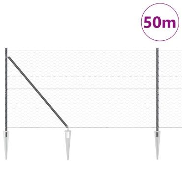 Φράχτης Hexagon της vidaXL Γκρι 1.2x50 μ Χάλυβας, Στύλοι Φράχτη της vidaXL με Άκρη 13 τεμ 32 mm 140cm Γαλβανισμένος Χάλυβας
