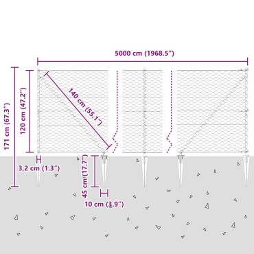 Φράχτης Hexagon της vidaXL Γκρι 1.2x50 μ Χάλυβας, Στύλοι Φράχτη της vidaXL με Άκρη 13 τεμ 32 mm 140cm Γαλβανισμένος Χάλυβας