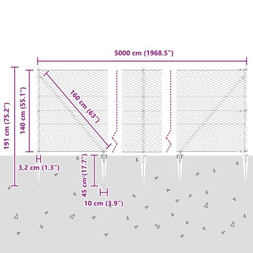 Φράχτης Hexagon vidaXL Γκρι 1.4x50 μ Χάλυβας, Στυλιζαρισμένες Στήλες vidaXL με Ακίδες 13 τμχ 32 μμ 160cm Γαλβανισμένος Χάλυβας