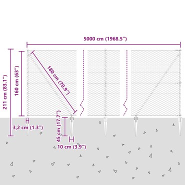 Φράκτης Εξάγωνος vidaXL Γκρι 1.6x50 μ από Χάλυβα, Πόδια Φράκτη vidaXL με Σπιρτό 13 τεμάχια 32 χιλ. 180cm Γαλβανιζέ Χάλυβας