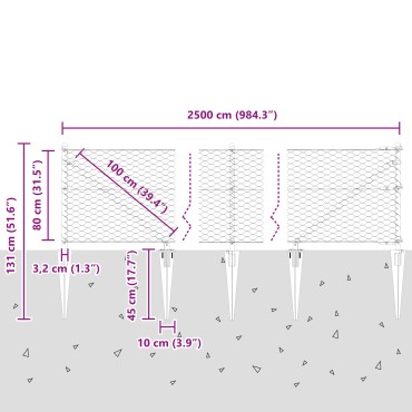 Φράχτης Hexagon 0.8x25 m Γαλβανισμένος Χάλυβας, Στήλες Φράχτη vidaXL με Σφήνα 13 τεμ 32 mm 100cm Γαλβανισμένος Χάλυβας
