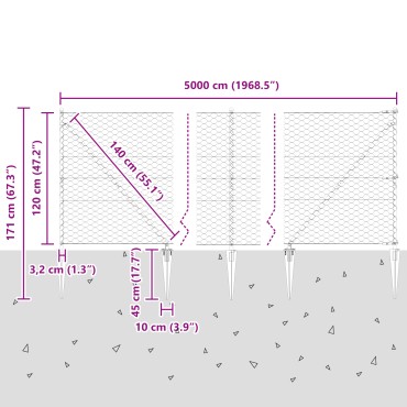 Φράχτης Hexagon vidaXL 1.2x50 μ Γαλβανισμένο Ατσάλι, Πόλοι φράχτη vidaXL με πείρο 13 τμχ 32 χλστ 140cm Γαλβανισμένο Ατσάλι
