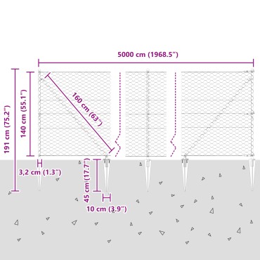 Φράχτης Hexagon vidaXL 1.4x50 μ Γαλβανισμένο Ατσάλι, Στήλοι φράχτη vidaXL με αιχμή 13 τεμαχίων 32 μ 160cm Γαλβανισμένο Ατσάλι