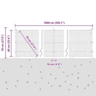 Φράχτης vidaXL Έξιγωνος 0.6x10 m Γαλβανισμένος Χάλυβας, Πόροι Φράχτη vidaXL με Βάσεις 7 τεμ 32mm 70cm Γαλβανισμένος Χάλυβας