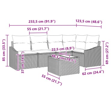 vidaXL Σετ υπαίθριας τραπεζαρίας 6 τεμαχίων με μαξιλάρια γκρι συνθετικό ρατάν