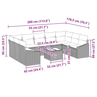 vidaXL Σετ 10 κομματιών διατροφής κήπου με μαξιλάρια Γκρι Πολυ Ρατάν