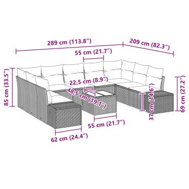 vidaXL Σετ Καναπέ Κήπου 10 Τεμαχίων με Μαξιλάρια Γκρι Πολυ Ρατάν
