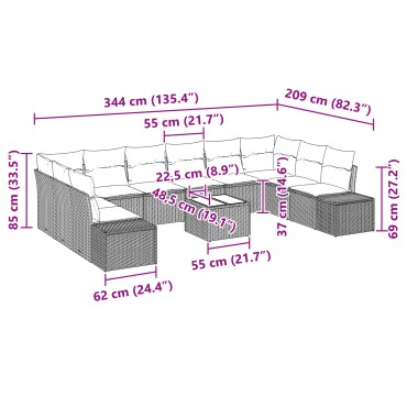 vidaXL Σετ Καναπέ Κήπου 10 Τεμαχίων με Μαξιλάρια Γκρι Πολυ Ρατάν