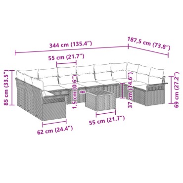 vidaXL Σετ Καναπέ Κήπου 11 τεμαχίων με Μαξιλάρια Μπεζ Ρατάν Ακακία
