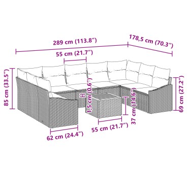 vidaXL Σετ Σαλονιού Κήπου 10 κομματιών με Μαξιλάρια Μαύρο Πολυ Ρατάν Ακακία