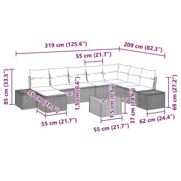 vidaXL Σετ Καναπέ Κήπου 9 Τεμαχίων με Μαξιλάρια Μπεζ Πολυ Ράτσαν