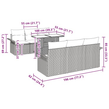 vidaXL 7 Τεμαχίων Σετ Καναπέ Κήπου με Μαξιλάρια Γκρι Πολυ Ρατάν