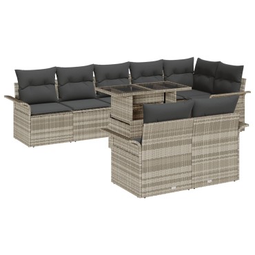 Σετ Καναπέ Κήπου 9 τεμαχίων με Μαξιλάρια Poly Rattan Ανοιχτό Γκρι, Καναπές Κήπου 2 θέσεων με Αποθήκη & Μαξιλάρια Poly Rattan Ανοιχτό Γκρι