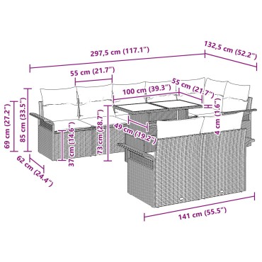 Σετ Καναπέ Κήπου 9 τεμαχίων με Μαξιλάρια Poly Rattan Ανοιχτό Γκρι
