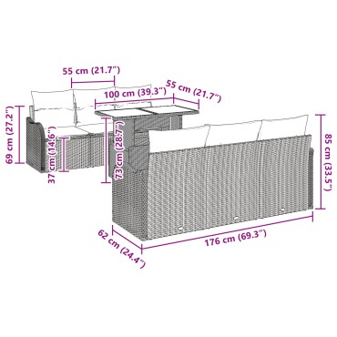 vidaXL 7 τεμαχίων σετ καθίσματος κήπου με μαξιλάρια καφέ πολυ ρατάν