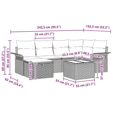 vidaXL Σετ Καναπέ Κήπου 7 Τεμαχίων με Μαξιλάρια Μπεζ Πολυ Ρατάν