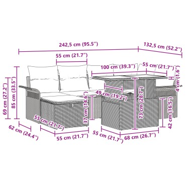 vidaXL Σετ Καναπέ Κήπου 7 Τεμαχίων με Μαξιλάρια Ανοιχτό Γκρι Ρατάν