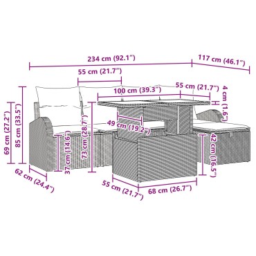 vidaXL Σετ καναπέ 6 τεμαχίων κήπου με μαξιλάρια καφέ πολυ ρατάν