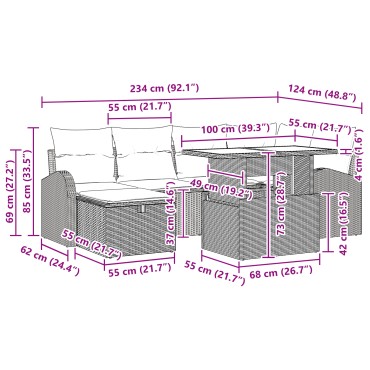 vidaXL Σετ Καναπέ Κήπου 7 Τεμαχίων με Μαξιλάρια Καφέ Πολυ Ρατάν