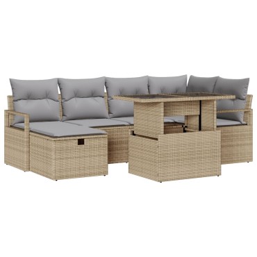 Σετ καναπέ κήπου 7 τμχ με μαξιλάρια μπεζ Poly Rattan, Καθιστικό κήπου 2 ατόμων με μαξιλάρια μπεζ Poly Rattan