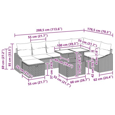 vidaXL 9 Τεμαχίων Σετ Καναπέ Κήπου με Μαξίλια Γκρι Πολυ Ρατάν