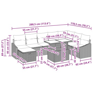 vidaXL 9 Τεμαχίων Σετ Καναπέ Κήπου με Μαξιλάρια Ανοιχτό Γκρι Πολυ Ρατάν