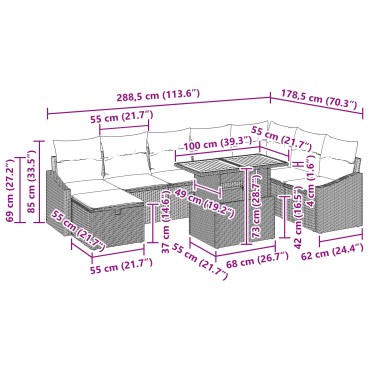 vidaXL Σετ Σαλονιού Κήπου 9 Τεμαχίων με Μαξιλάρια Γκρι Πολυ Ρατάν