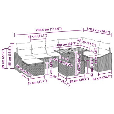 vidaXL Σετ Καναπέ 9 κομματιών της με Μαξιλάρια Μαύρο Πολυεστέρα Ρατάν