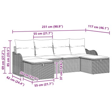 Σετ Καναπέ 6 Τεμαχίων vidaXL με Μαξιλάρια Γκρι Ρατάν Πολυεστέρα, Διθέσιος Καναπές Κήπου vidaXL με Αποθήκευση & Μαξιλάρια Γκρι Ρατάν Πολυεστέρα